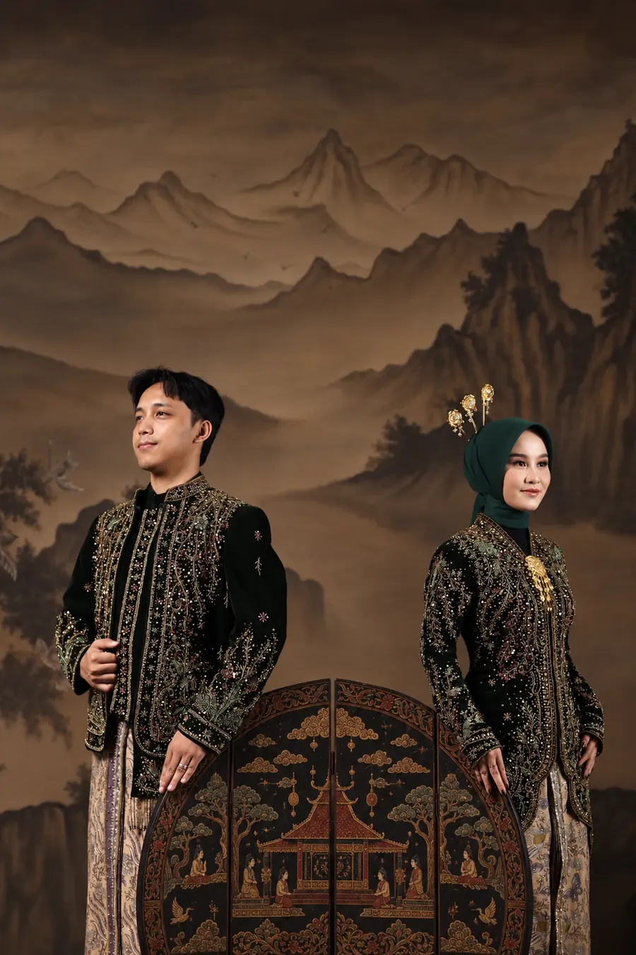 Ibnu dan Rheinata dalam busana adat Jawa dengan hiasan wayang